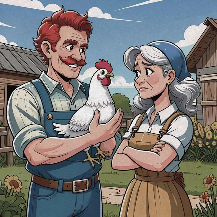 Un fermier tient une poule, sa femme est en colère